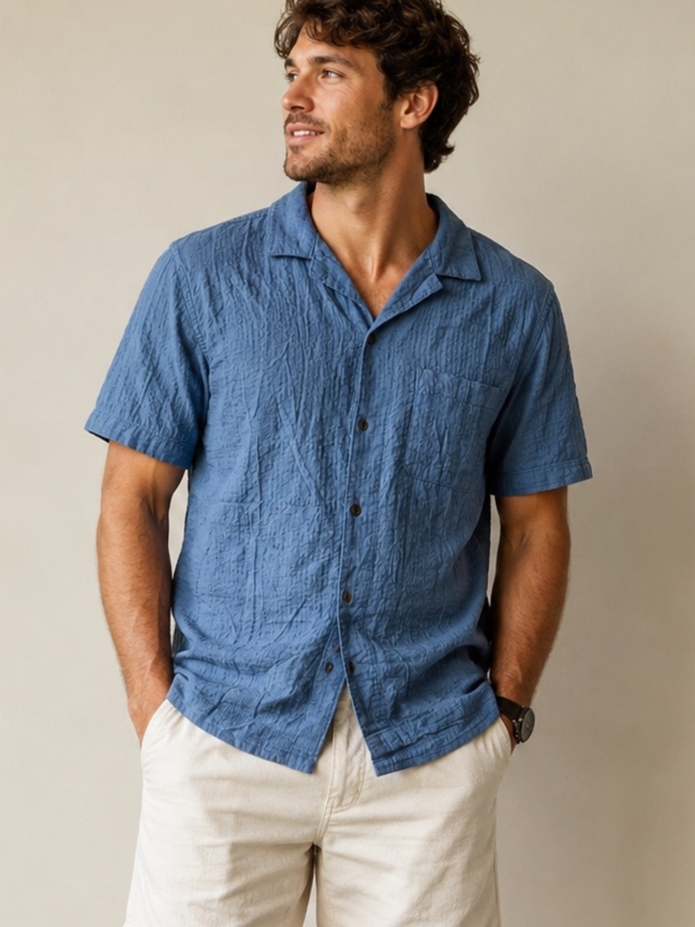 Panama Jack Men’s Medium Blue Seersucker Camp Shirt Short Sleeve Button Front